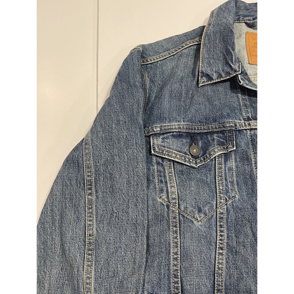 Levi's Premium Mens Blue Denim Button Jacket Pockets Size Large Big E Art Back - Picture 2 of 16